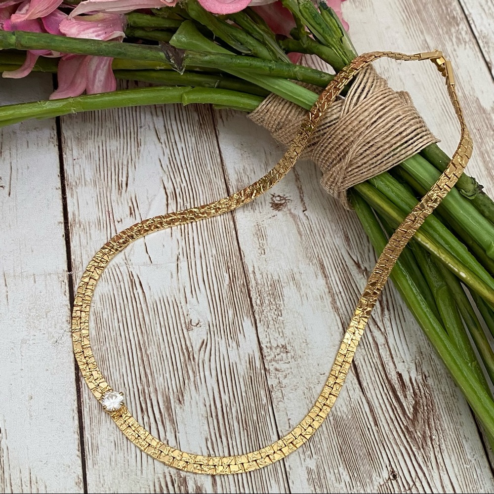 Vintage Gold-tone Flat Chain w/ CZ Clear Stone Center Necklace